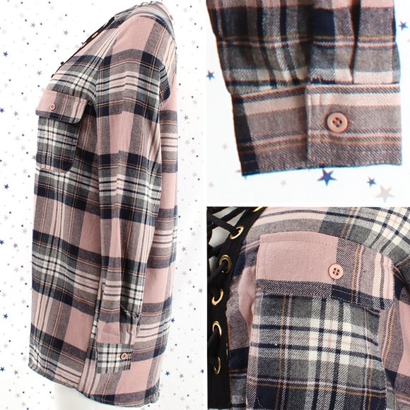 Mauve Navy Lace Up Front Plaid Top - Picture 5 of 9